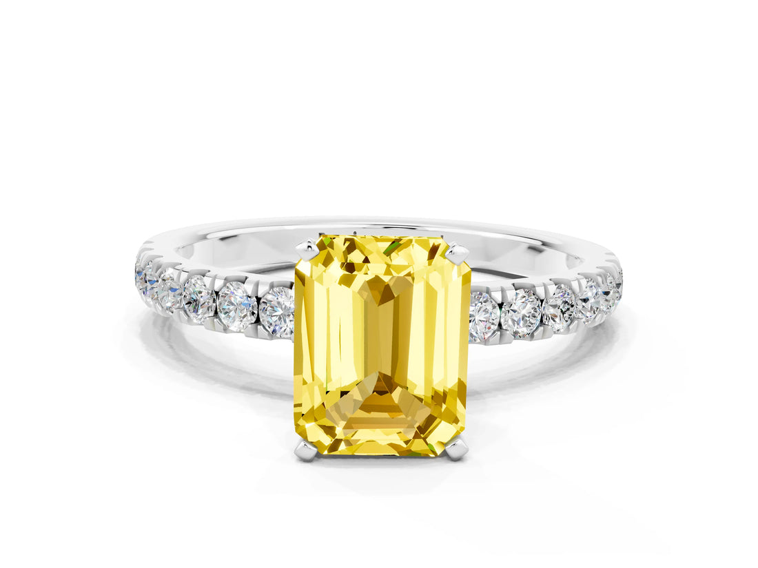 White gold Emerald Cut Yellow Sapphire Solitaire Ring with Pavé Accents and Four-Prong Setting_24
