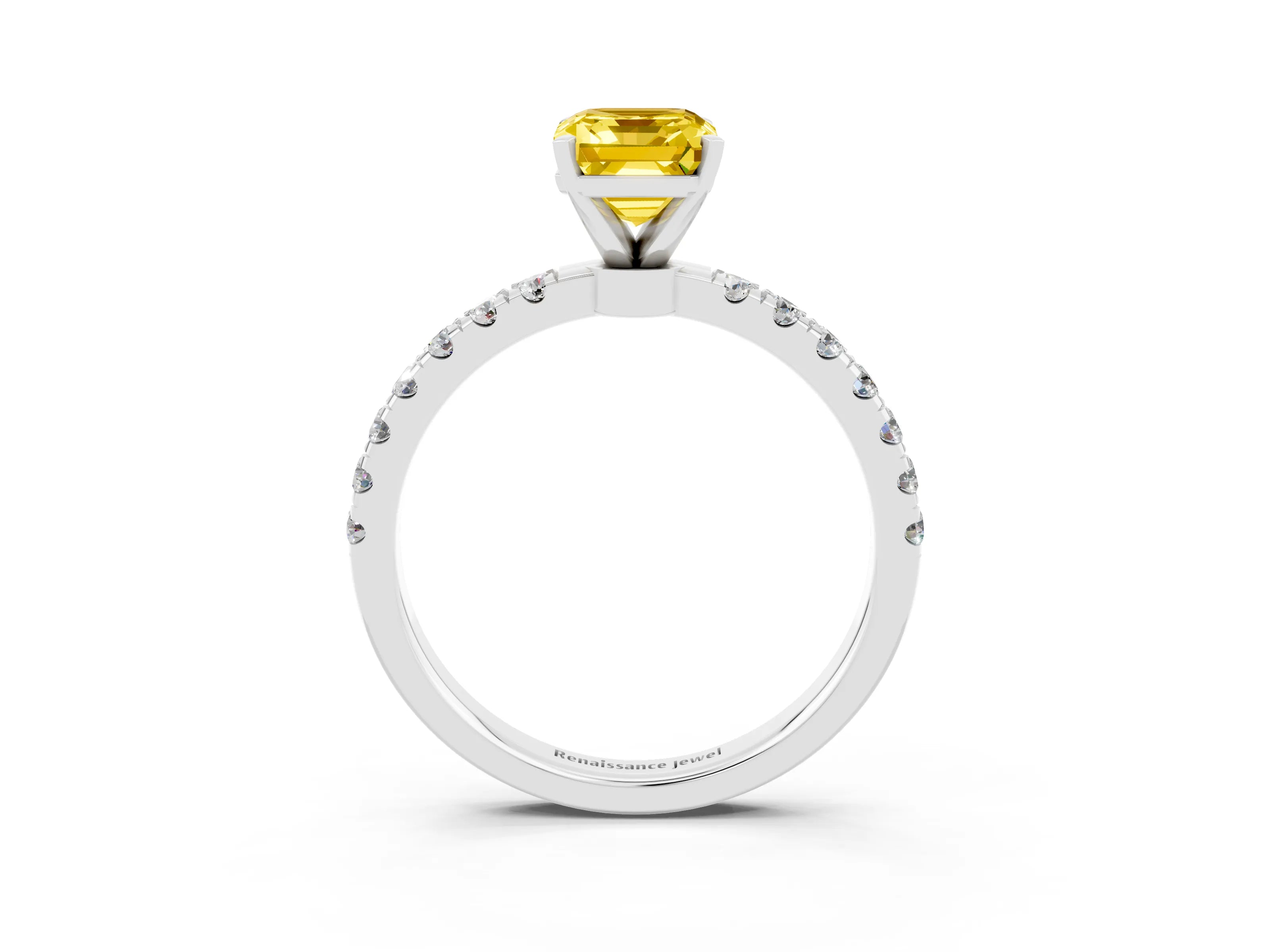 White gold Emerald Cut Yellow Sapphire Solitaire Ring with Pavé Accents and Four-Prong Setting_27