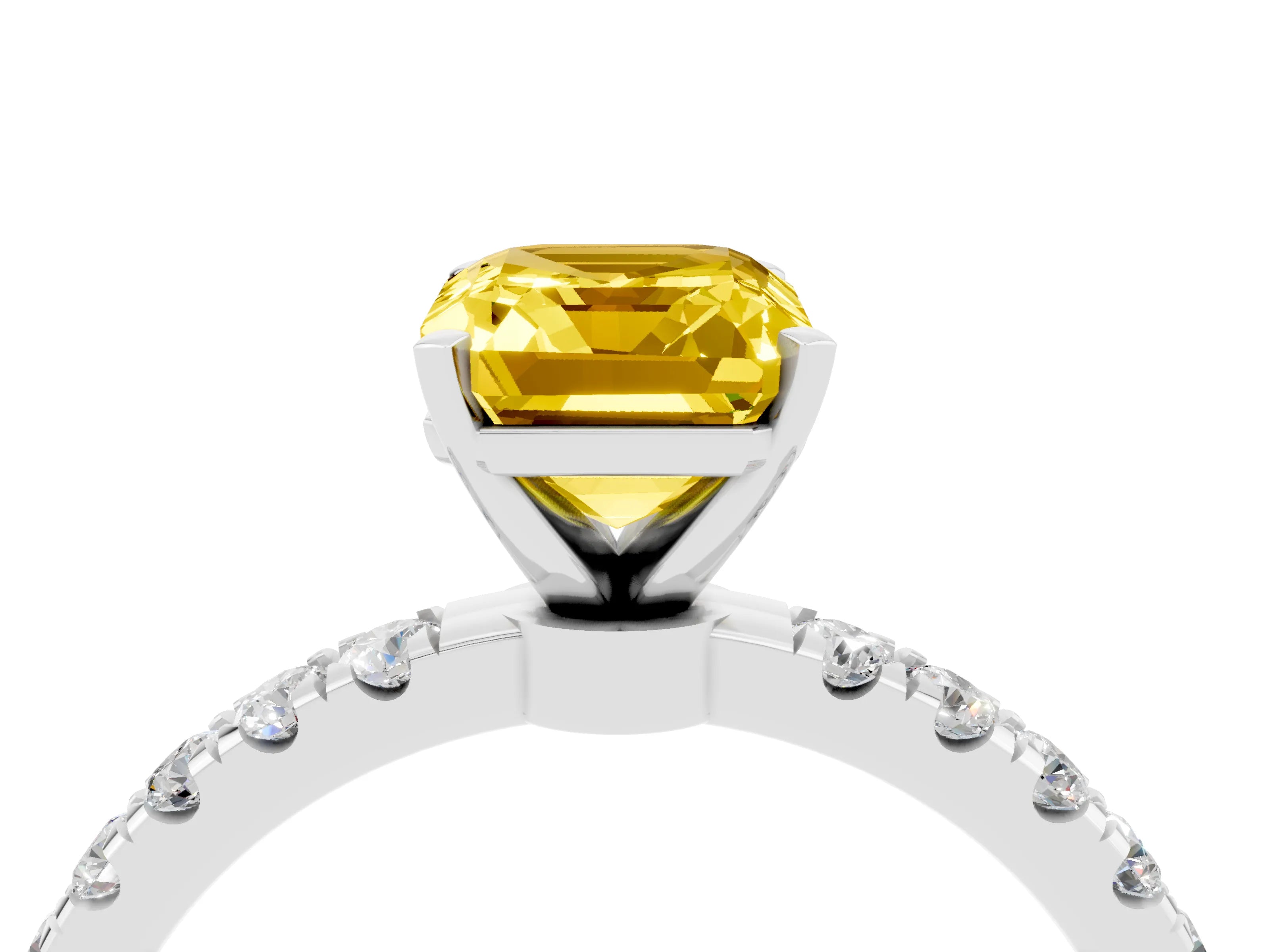 White gold Emerald Cut Yellow Sapphire Solitaire Ring with Pavé Accents and Four-Prong Setting_28