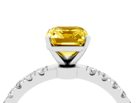 White gold Emerald Cut Yellow Sapphire Solitaire Ring with Pavé Accents and Four-Prong Setting_28