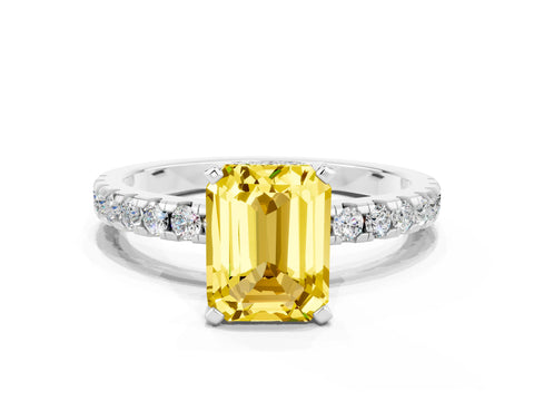 White gold Emerald Cut Yellow Sapphire Solitaire Ring with Pavé Band and Four-Prong Setting_30
