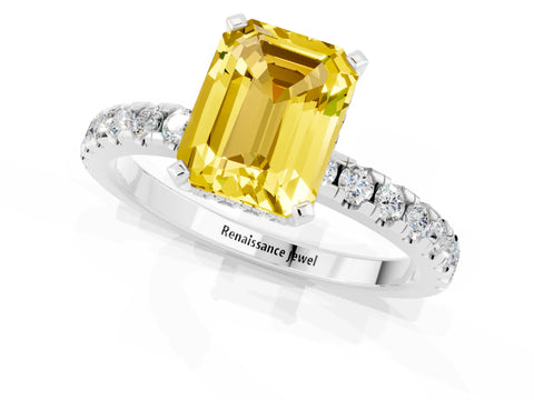 White gold Emerald Cut Yellow Sapphire Solitaire Ring with Pavé Band and Four-Prong Setting_31