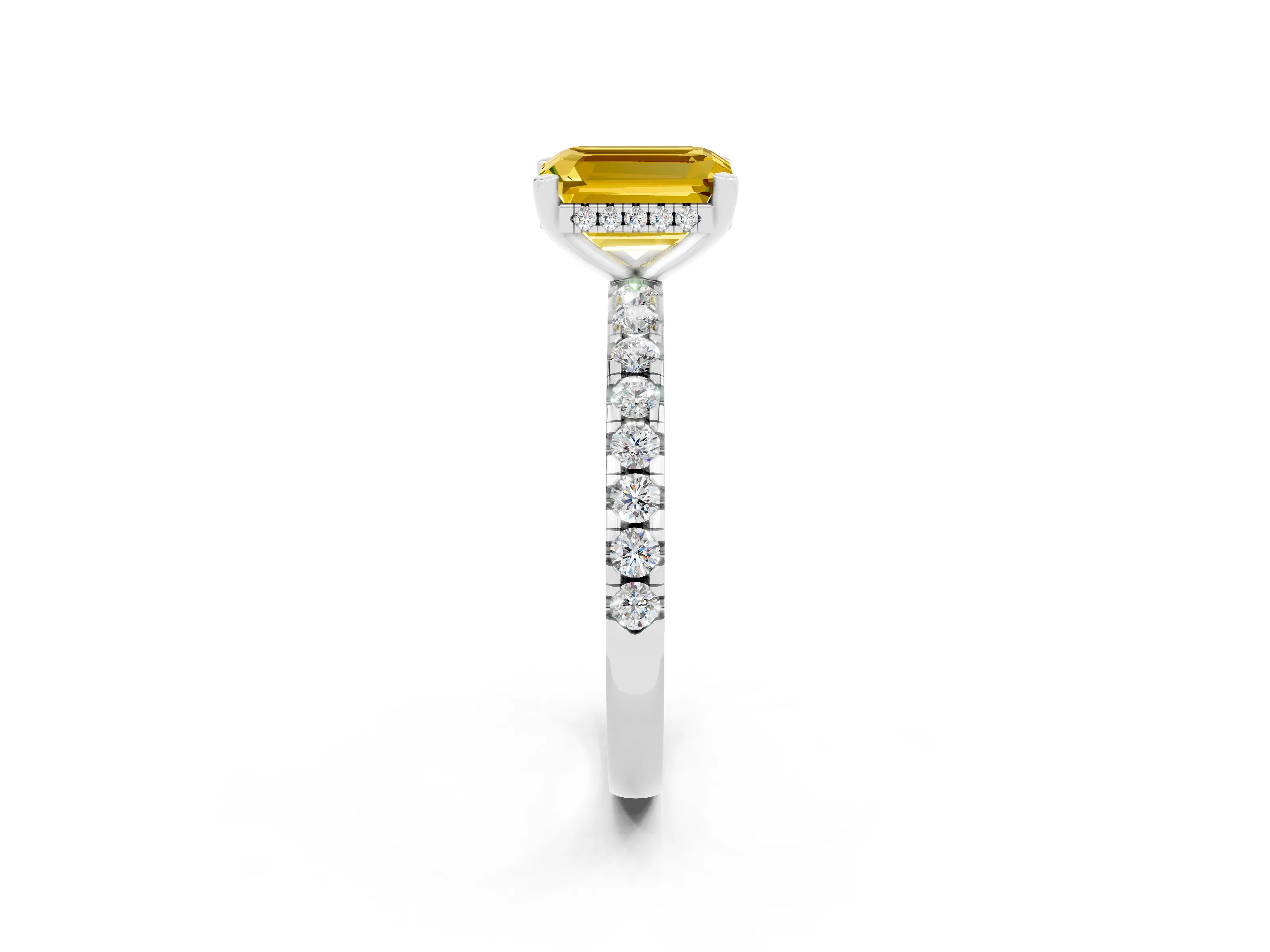 White gold Emerald Cut Yellow Sapphire Solitaire Ring with Pavé Band and Four-Prong Setting_32