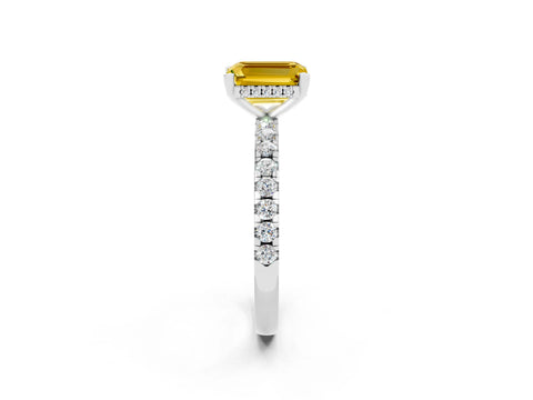White gold Emerald Cut Yellow Sapphire Solitaire Ring with Pavé Band and Four-Prong Setting_32