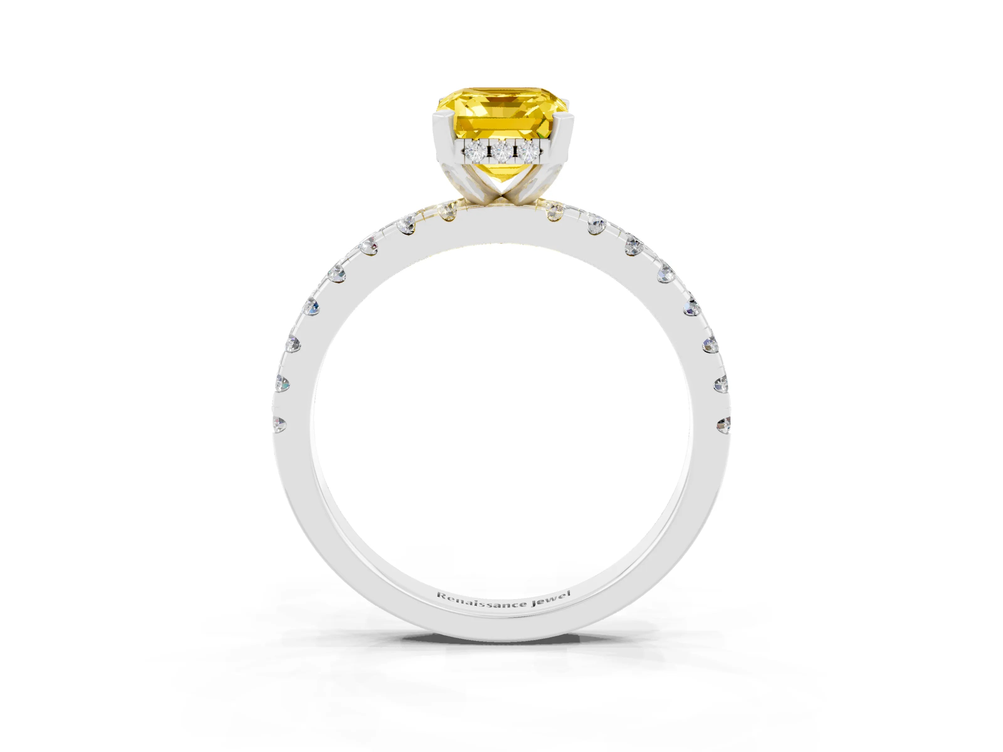 White gold Emerald Cut Yellow Sapphire Solitaire Ring with Pavé Band and Four-Prong Setting_33