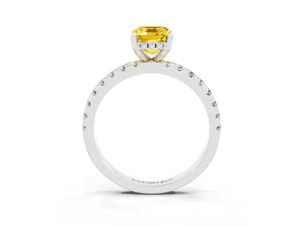 White gold Emerald Cut Yellow Sapphire Solitaire Ring with Round  Pavé Band and Four-Prong Setting