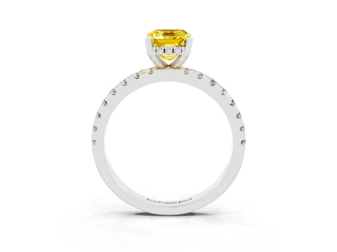 White gold Emerald Cut Yellow Sapphire Solitaire Ring with Pavé Band and Four-Prong Setting_33