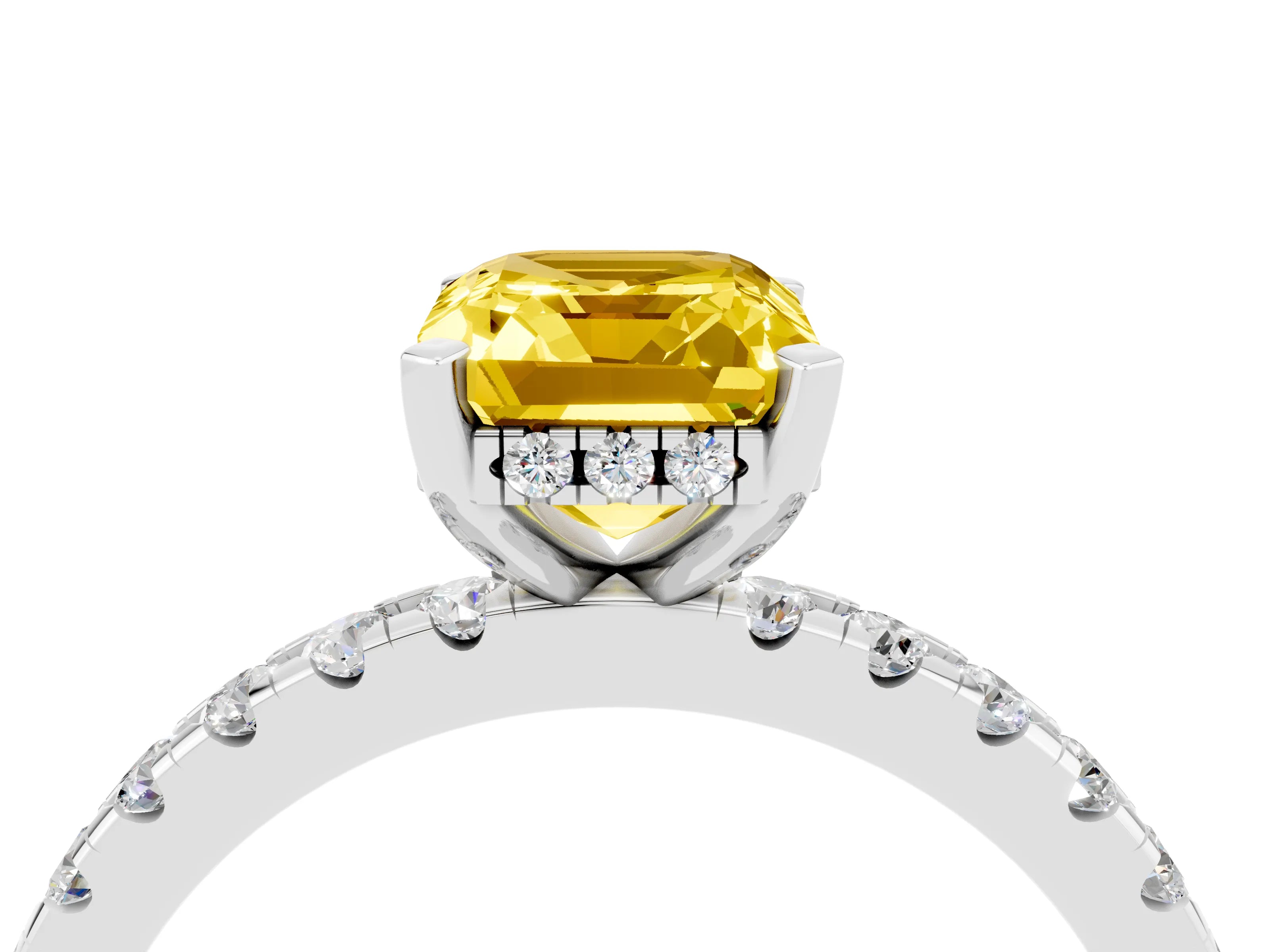 White gold Emerald Cut Yellow Sapphire Solitaire Ring with Pavé Band and Four-Prong Setting_34