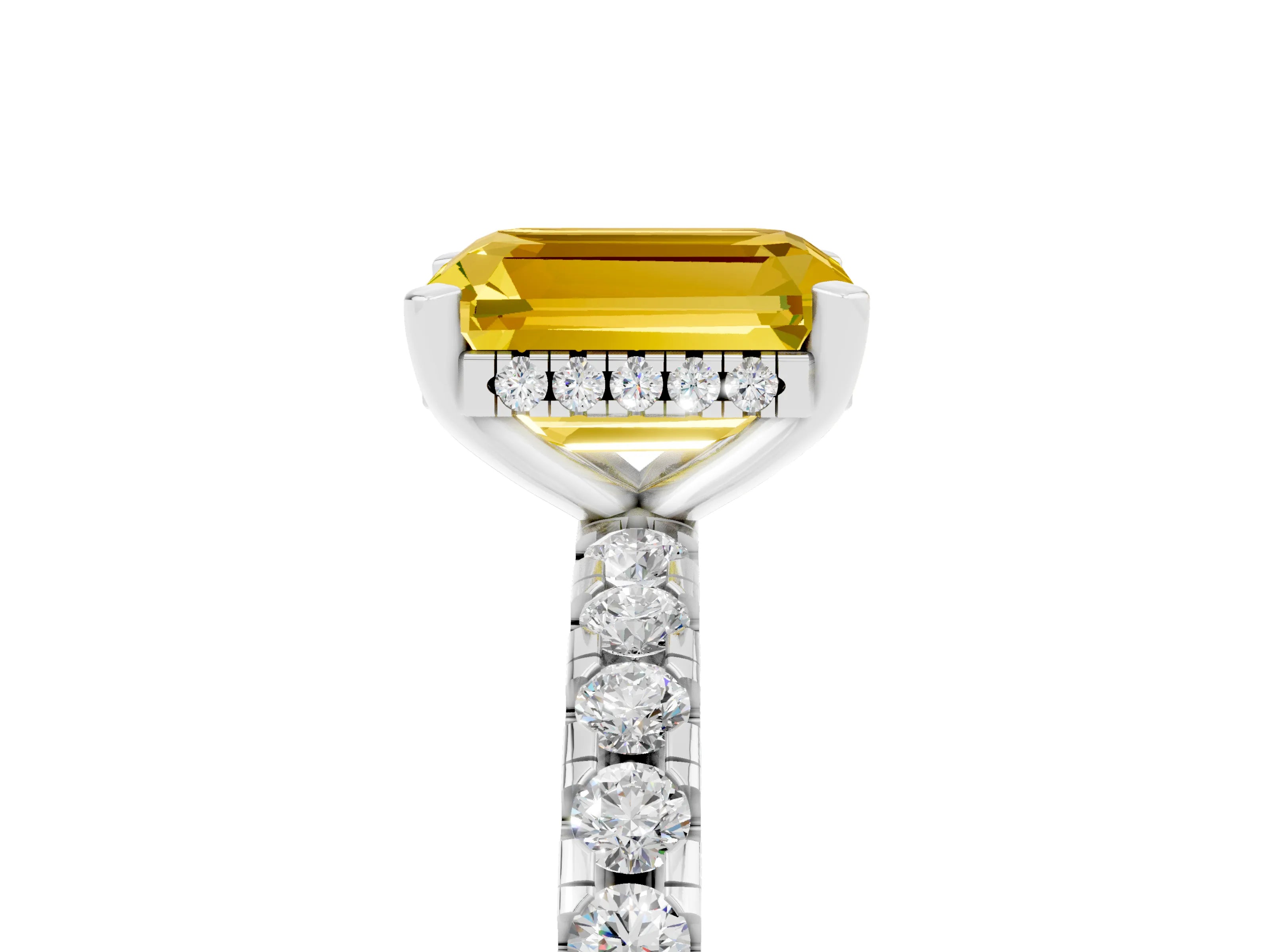 White gold Emerald Cut Yellow Sapphire Solitaire Ring with Pavé Band and Four-Prong Setting_35
