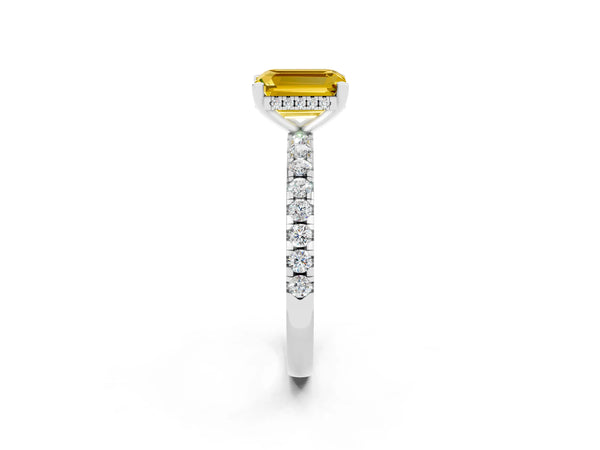 Platinum Emerald Cut Yellow Sapphire Solitaire Ring with Round  Pavé Band and Four-Prong Setting