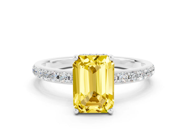 Silver Emerald Cut Yellow Sapphire Solitaire Ring with Pavé Band and Hidden Halo