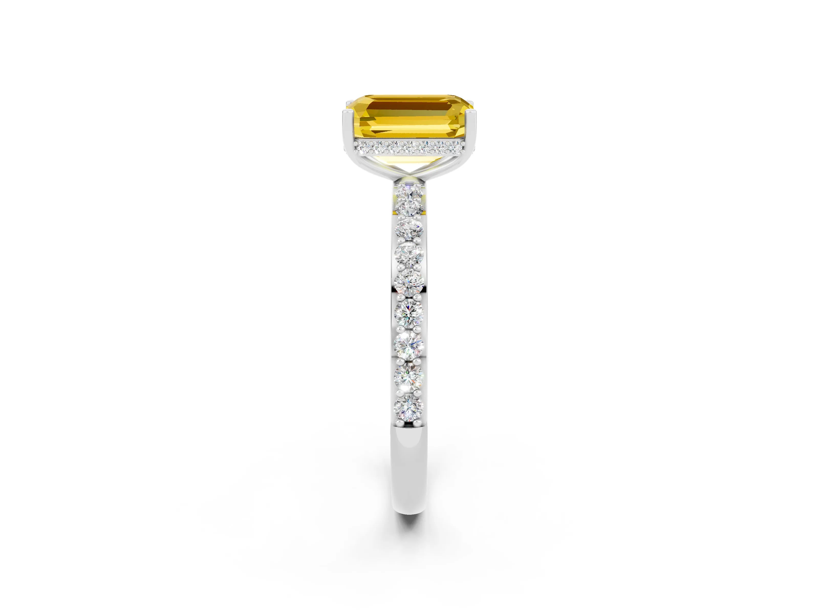 White gold Emerald Cut Yellow Sapphire Solitaire Ring with Pavé Band and Hidden Halo_20