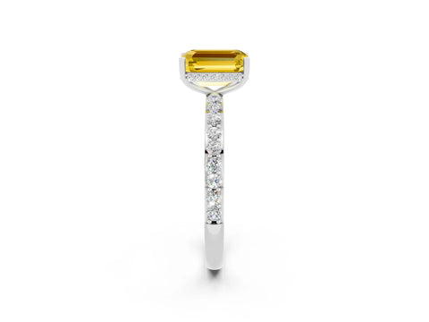 White gold Emerald Cut Yellow Sapphire Solitaire Ring with Pavé Band and Hidden Halo_20