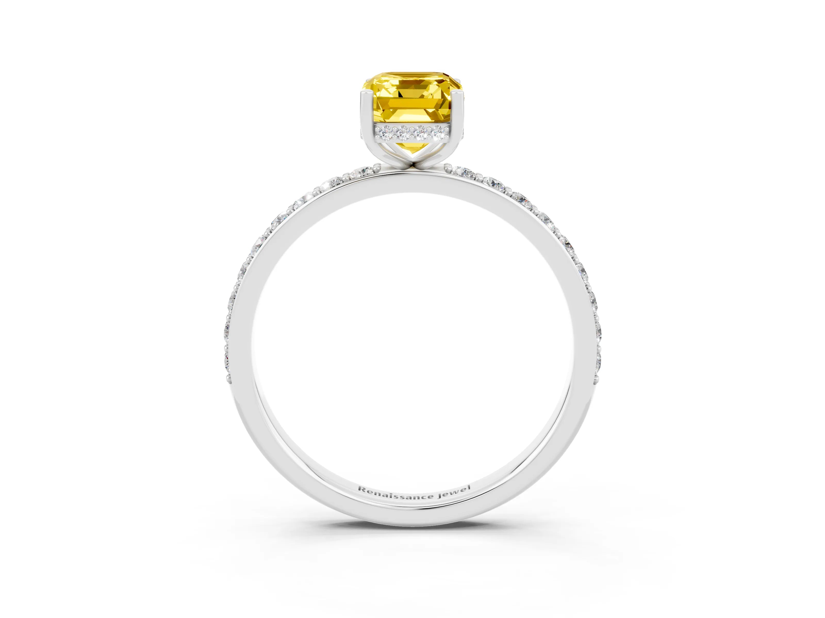 White gold Emerald Cut Yellow Sapphire Solitaire Ring with Pavé Band and Hidden Halo_21