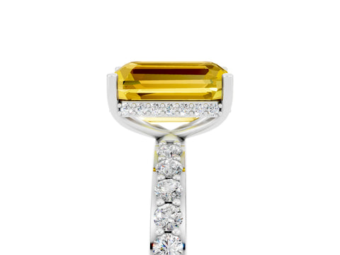 White gold Emerald Cut Yellow Sapphire Solitaire Ring with Pavé Band and Hidden Halo_23