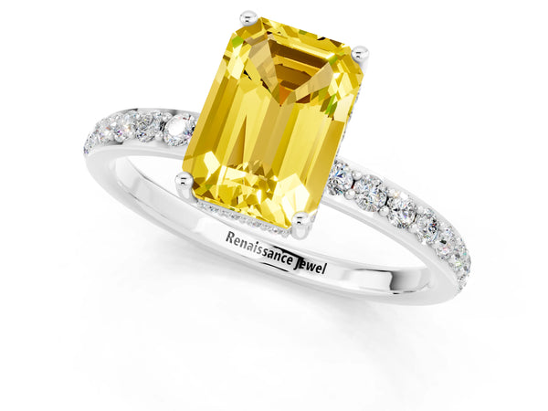 Platinum Emerald Cut Yellow Sapphire Solitaire Ring with Pavé Band and Hidden Halo