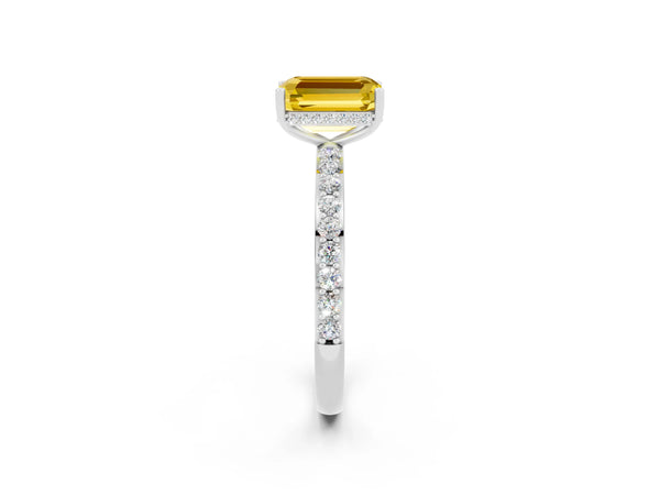 White gold Emerald Cut Yellow Sapphire Solitaire Ring with Pavé Band and Hidden Halo