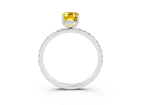 White gold Emerald Cut Yellow Sapphire Solitaire Ring with Pavé Band and Hidden Halo_45