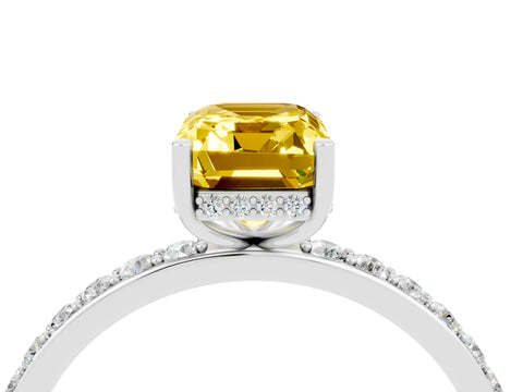White gold Emerald Cut Yellow Sapphire Solitaire Ring with Pavé Band and Hidden Halo_46