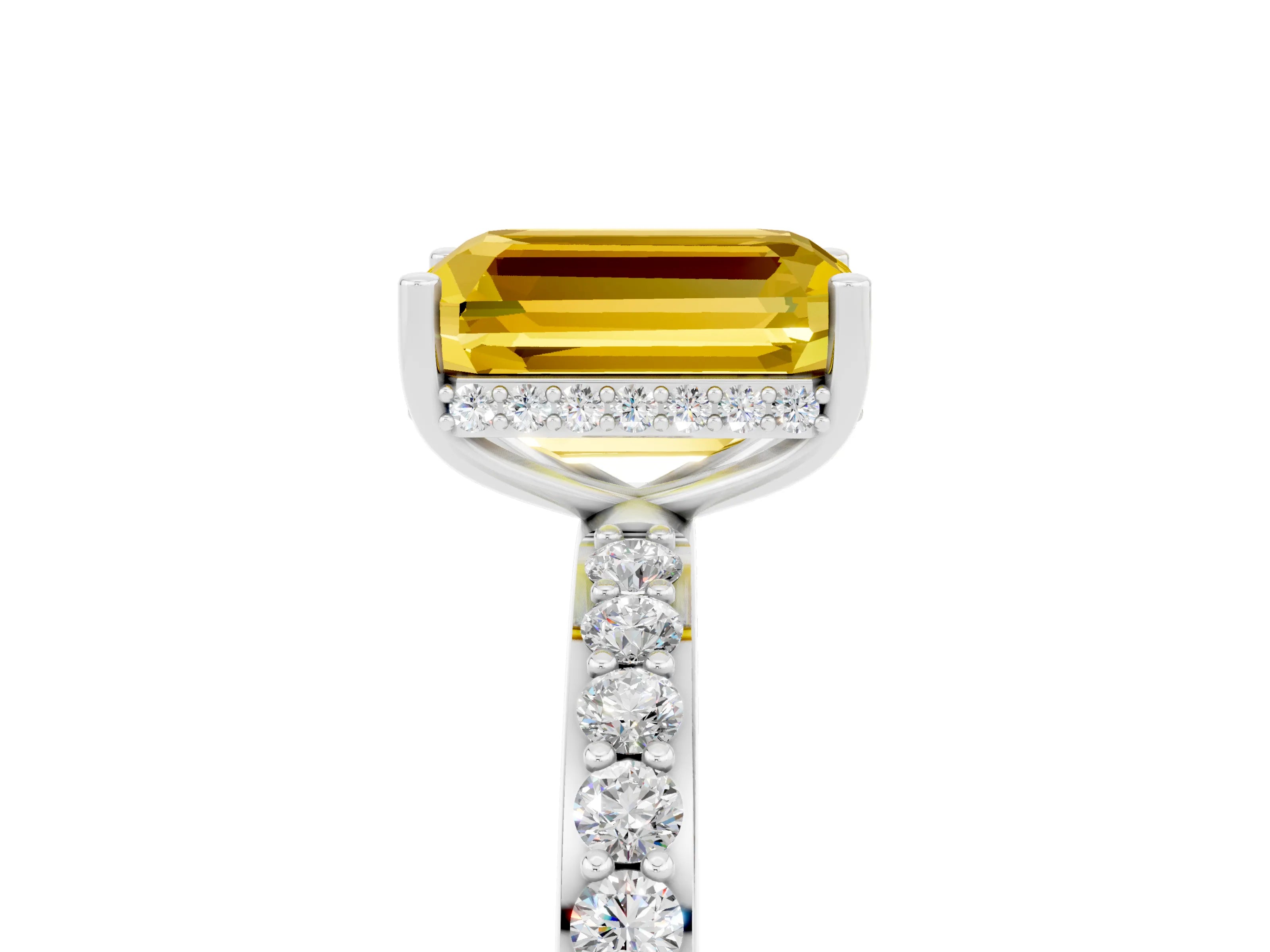 White gold Emerald Cut Yellow Sapphire Solitaire Ring with Pavé Band and Hidden Halo_47
