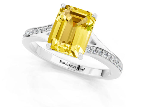 White gold Emerald Cut Yellow Sapphire Solitaire Ring with Pavé Band and Prong Setting_1