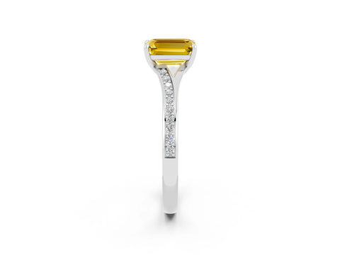 White gold Emerald Cut Yellow Sapphire Solitaire Ring with Pavé Band and Prong Setting_2