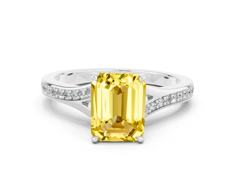 White gold Emerald Cut Yellow Sapphire Solitaire Ring with Pavé Band and Prong Setting_36