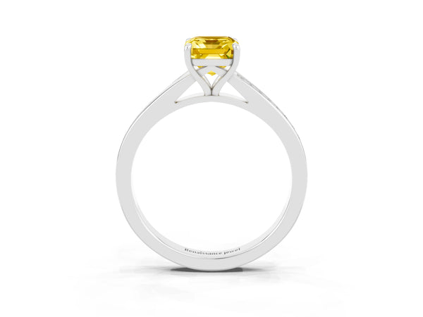 White Gold Emerald Cut Lab-Grown Yellow Sapphire Pave Solitaire Engagement Ring