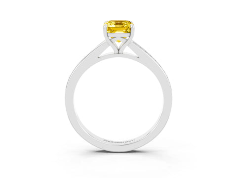 White gold Emerald Cut Yellow Sapphire Solitaire Ring with Pavé Band and Prong Setting_3