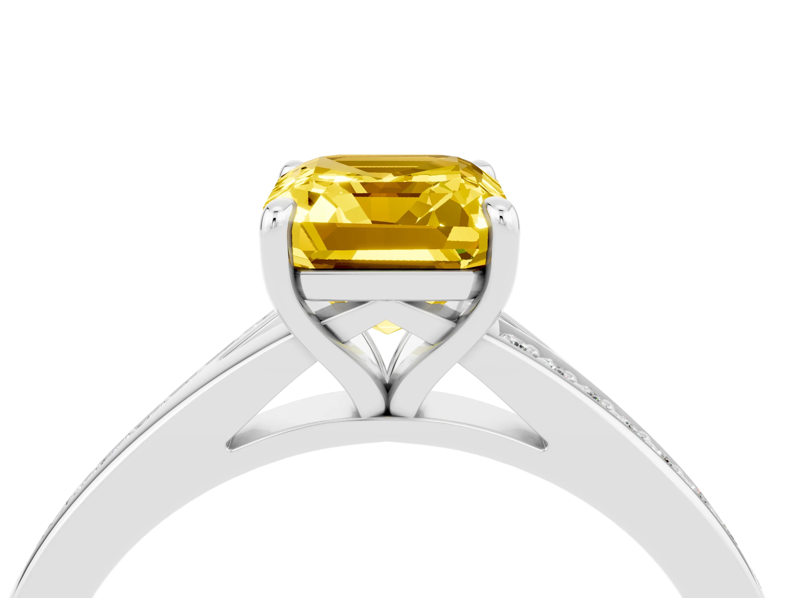 White gold Emerald Cut Yellow Sapphire Solitaire Ring with Pavé Band and Prong Setting_4