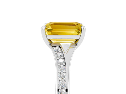 White gold Emerald Cut Yellow Sapphire Solitaire Ring with Pavé Band and Prong Setting_5