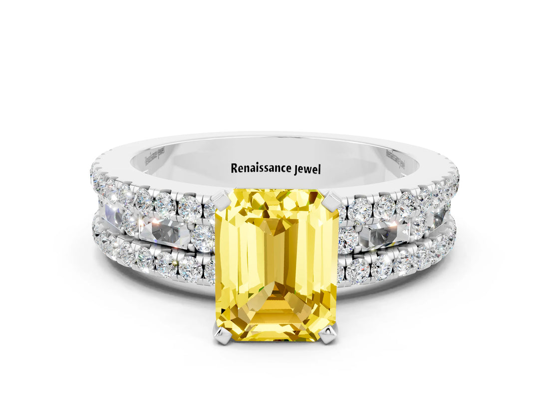 White gold Emerald Cut Yellow Sapphire Solitaire Ring with Pavé and Channel Set Band_47