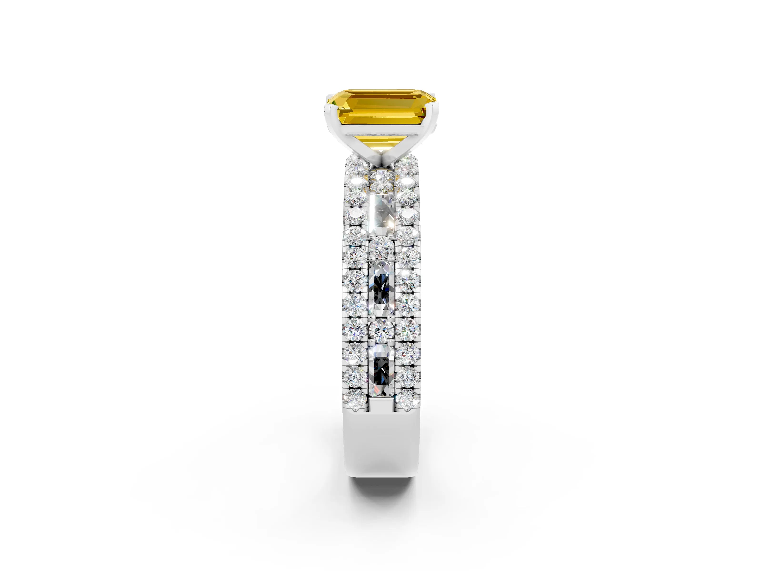 White gold Emerald Cut Yellow Sapphire Solitaire Ring with Pavé and Channel Set Band_49