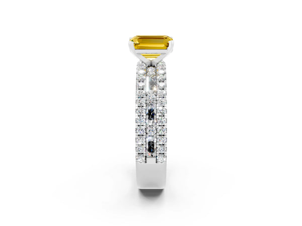 Silver Emerald Cut Yellow Sapphire Solitaire Ring with Pavé and Channel Set Band