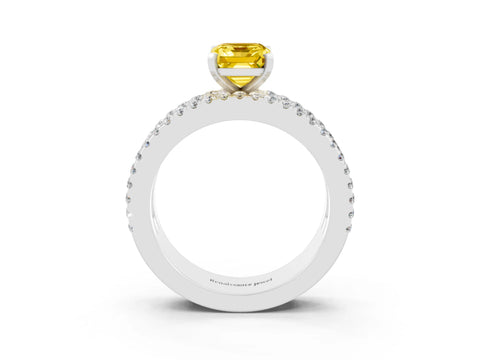 White gold Emerald Cut Yellow Sapphire Solitaire Ring with Pavé and Channel Set Band_50
