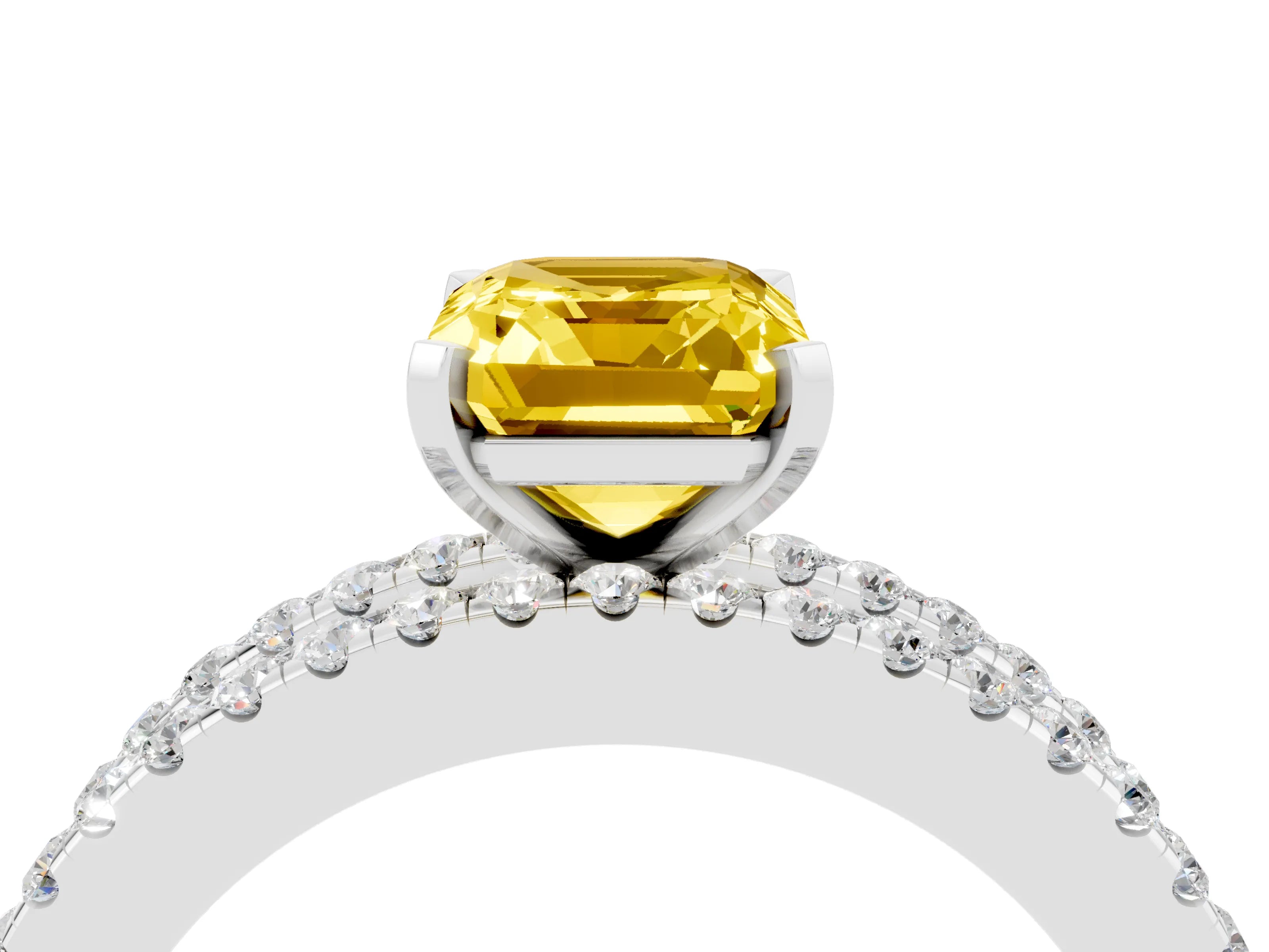 White gold Emerald Cut Yellow Sapphire Solitaire Ring with Pavé and Channel Set Band_52