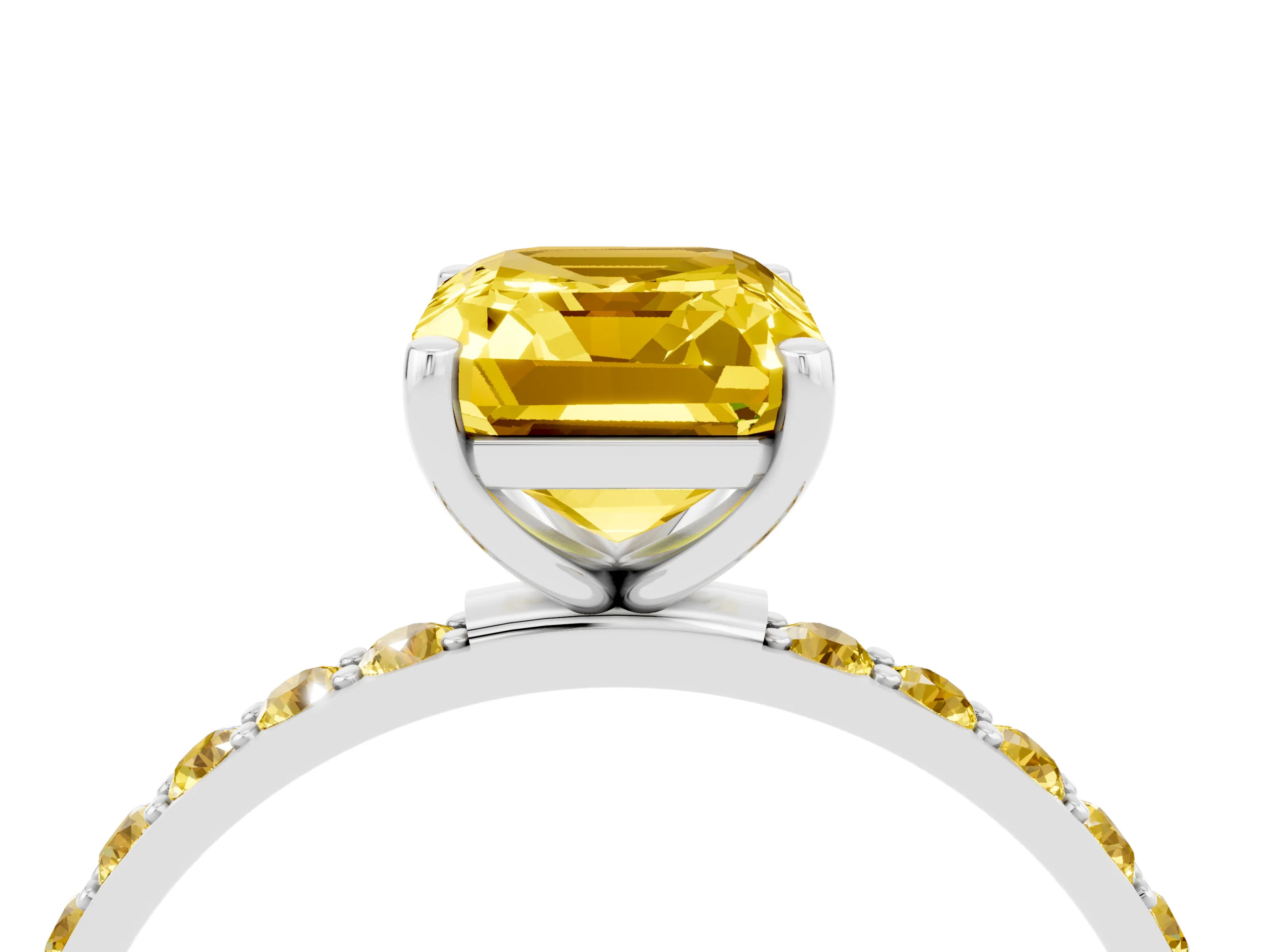 White gold Emerald Cut Yellow Sapphire Solitaire Ring with Pave Band and Four Prong Setting_16