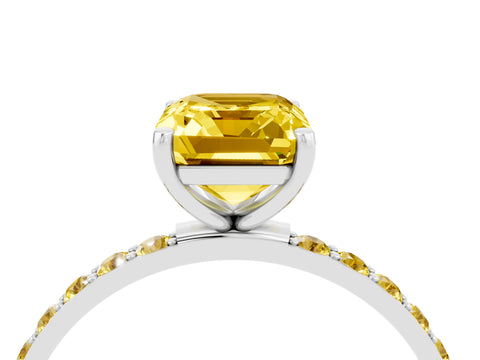 White gold Emerald Cut Yellow Sapphire Solitaire Ring with Pave Band and Four Prong Setting_16