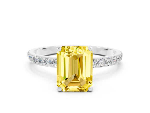 White gold Emerald Cut Yellow Sapphire Solitaire Ring with Round  Pavé Band and Prong Setting