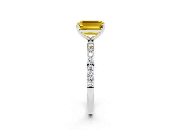 White gold Emerald Cut Yellow Sapphire Solitaire Ring with Round  Pavé Band and Prong Setting