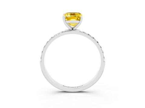 White gold Emerald Cut Yellow Sapphire Solitaire Ring with Pave Band and Four Prong Setting_51