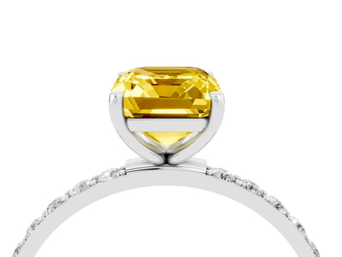 White gold Emerald Cut Yellow Sapphire Solitaire Ring with Pave Band and Four Prong Setting_52