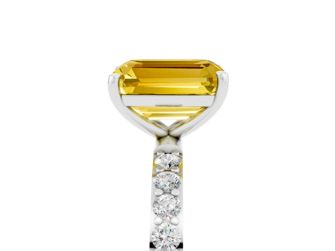 White gold Emerald Cut Yellow Sapphire Solitaire Ring with Pave Band and Four Prong Setting_53