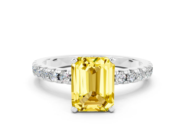 White gold Emerald Cut Yellow Sapphire Solitaire Ring with Round  Pavé Band and Four-Prong Setting