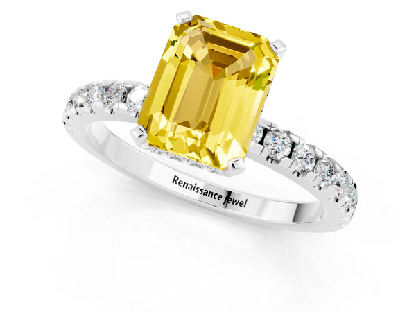 White gold Emerald Cut Yellow Sapphire Solitaire Ring with Round  Pavé Band and Four-Prong Setting