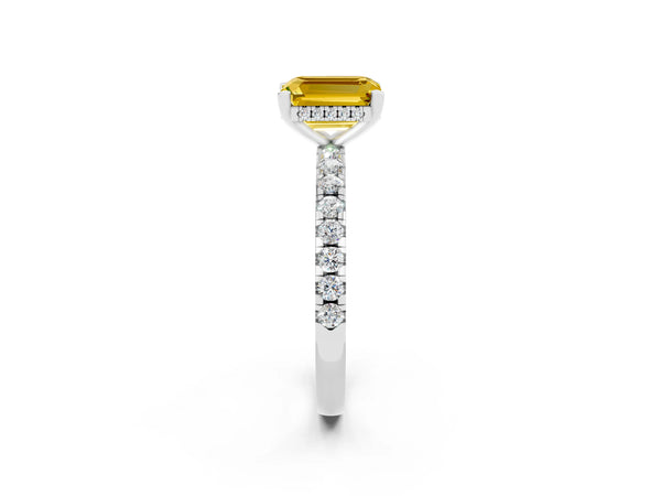 White gold Emerald Cut Yellow Sapphire Solitaire Ring with Round  Pavé Band and Four-Prong Setting