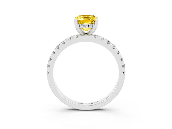 White gold Emerald Cut Yellow Sapphire Solitaire Ring with Round  Pavé Band and Four-Prong Setting