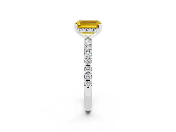 White gold Emerald Cut Yellow Sapphire Solitaire Ring with Round Pavé Band and Four-Prong Setting