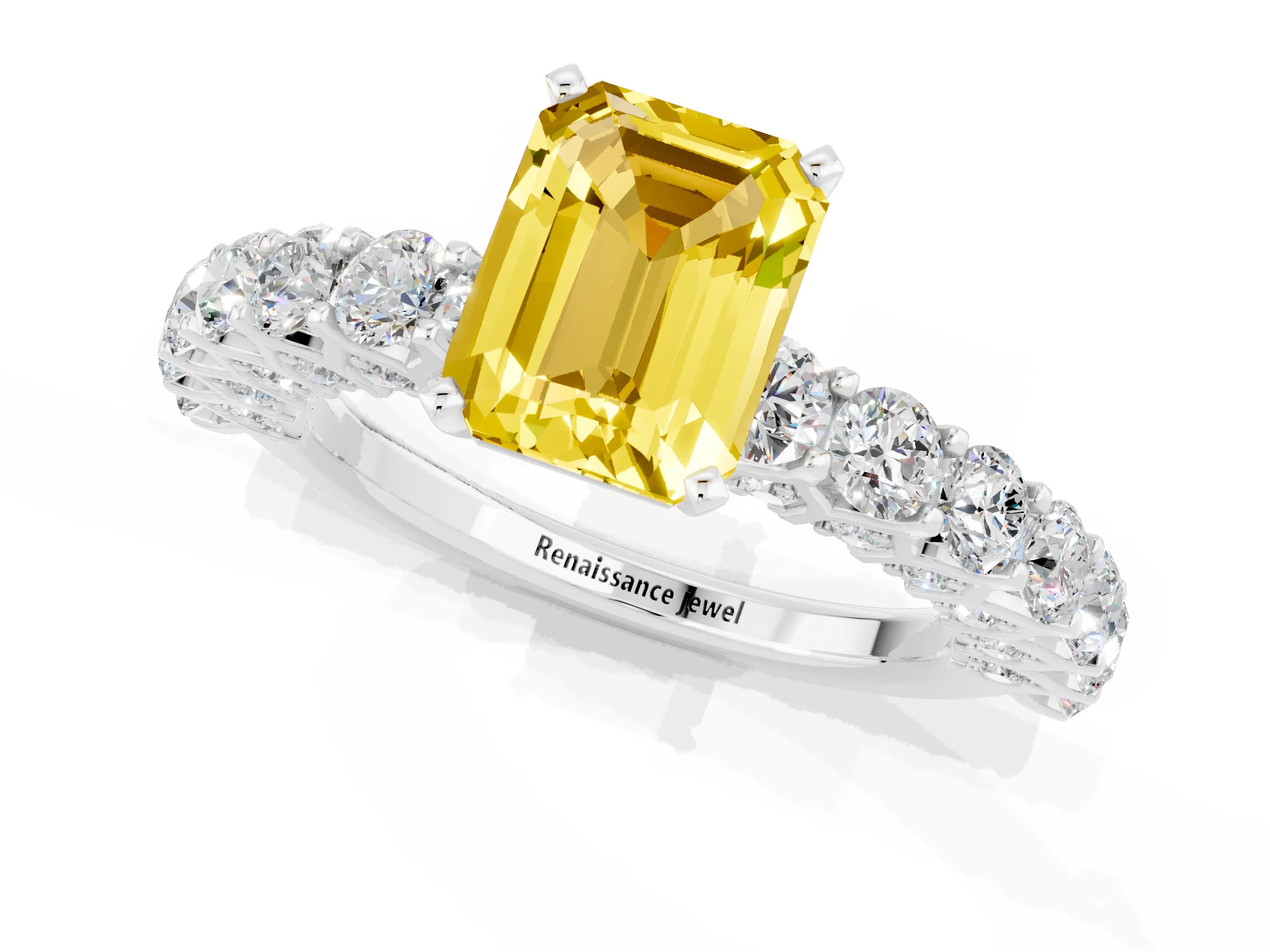 White gold Emerald Cut Yellow Sapphire Solitaire Ring with Shared Prong Pavé Band and Four-Prong Setting_1