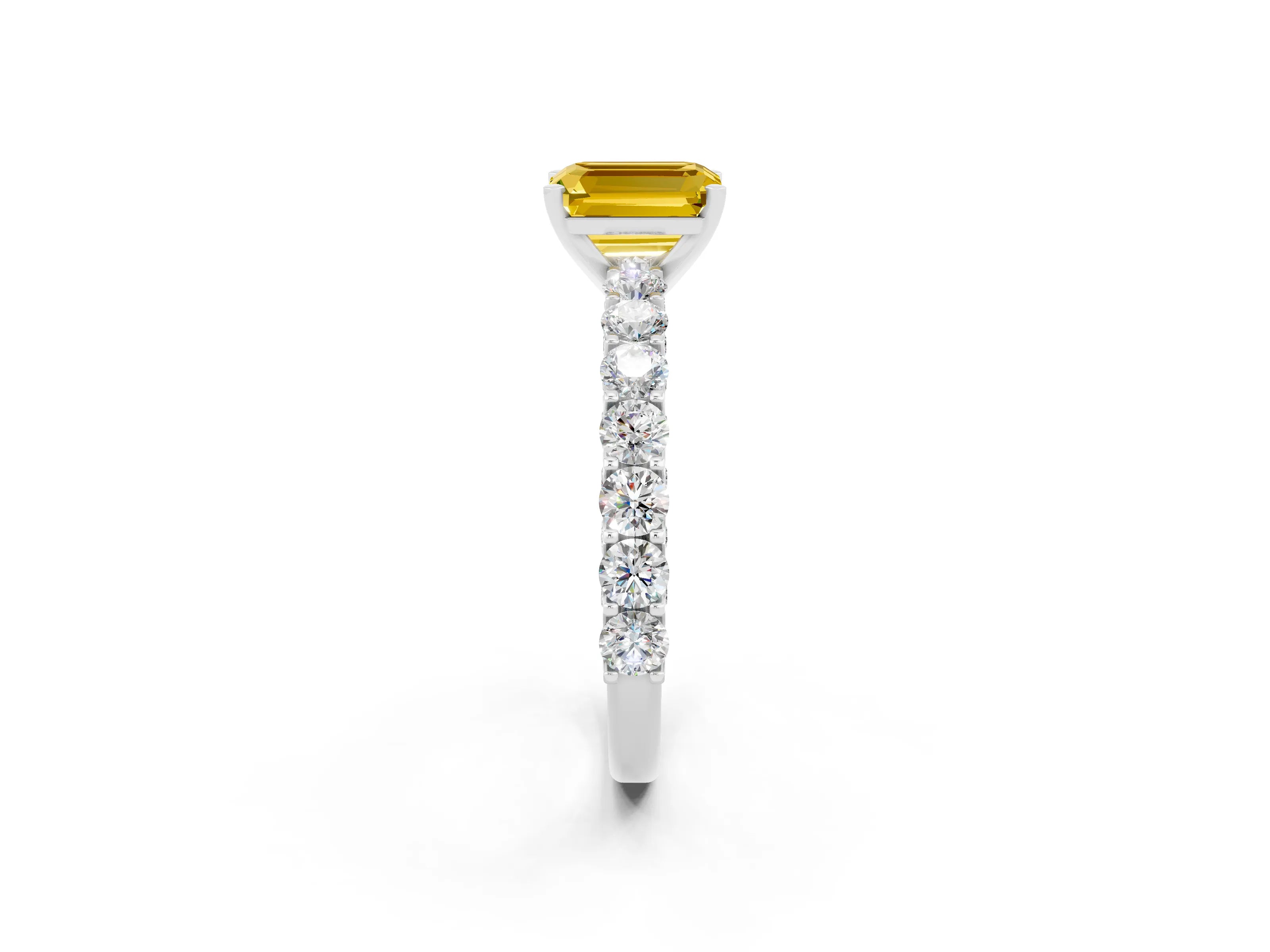 White gold Emerald Cut Yellow Sapphire Solitaire Ring with Shared Prong Pavé Band and Four-Prong Setting_2